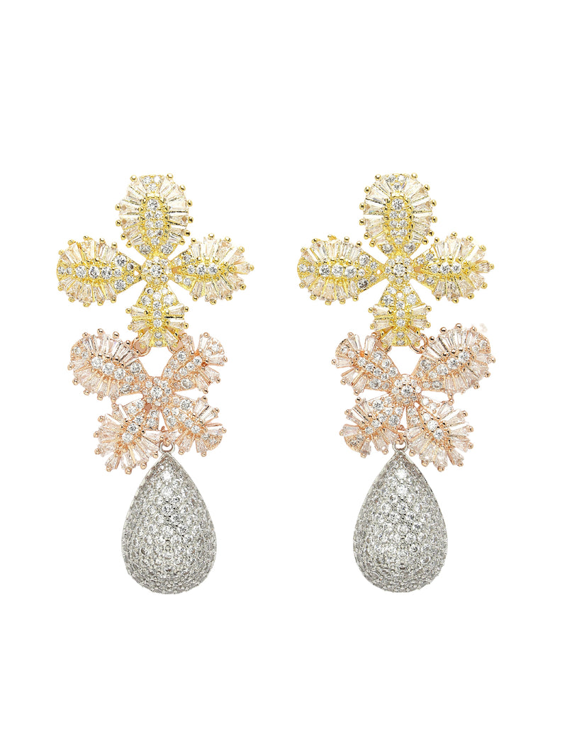Cubic Zirconia Dual Flower Drop Earrings