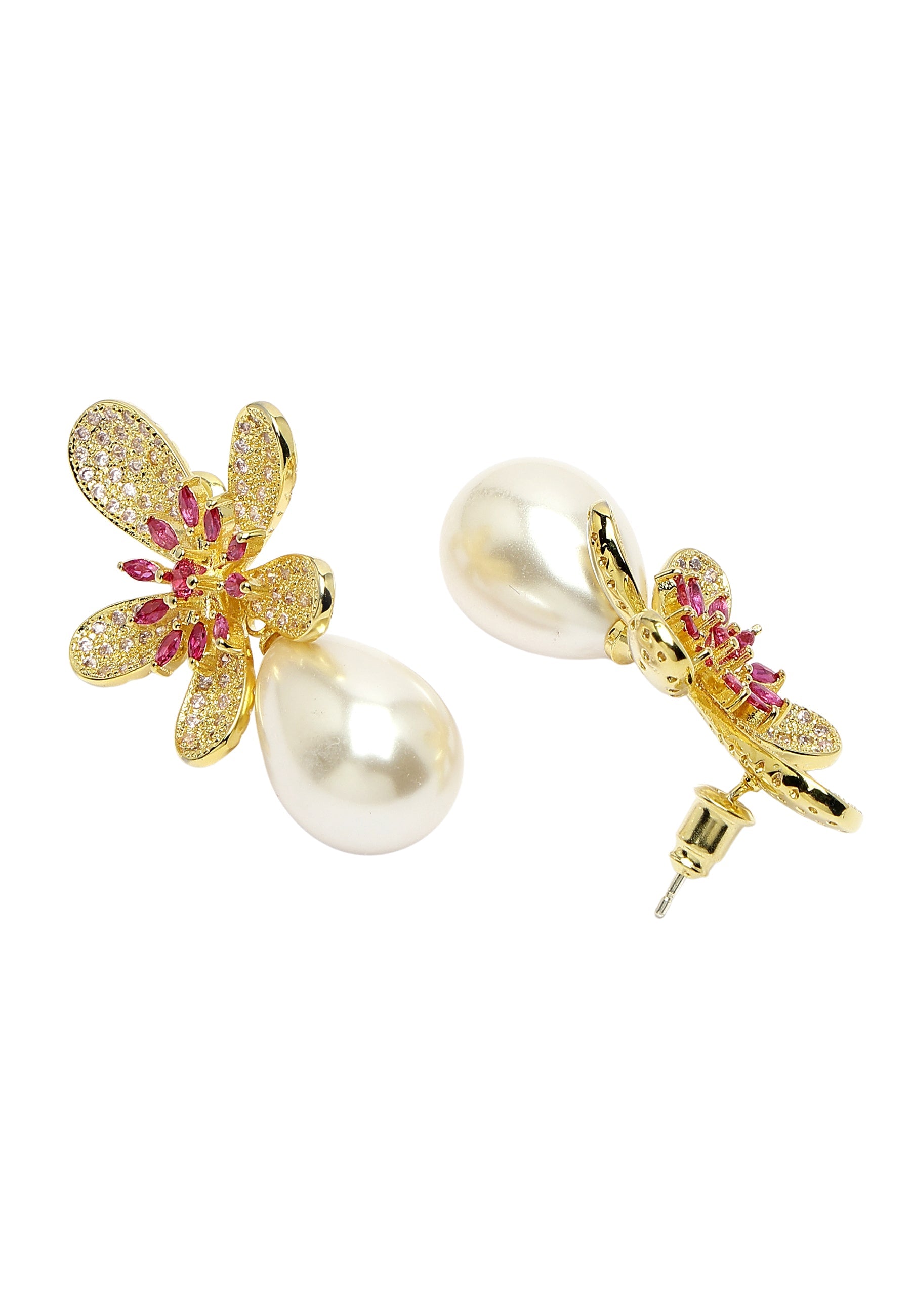 Boucles d'oreilles puces florales scintillantes avec perle pendante