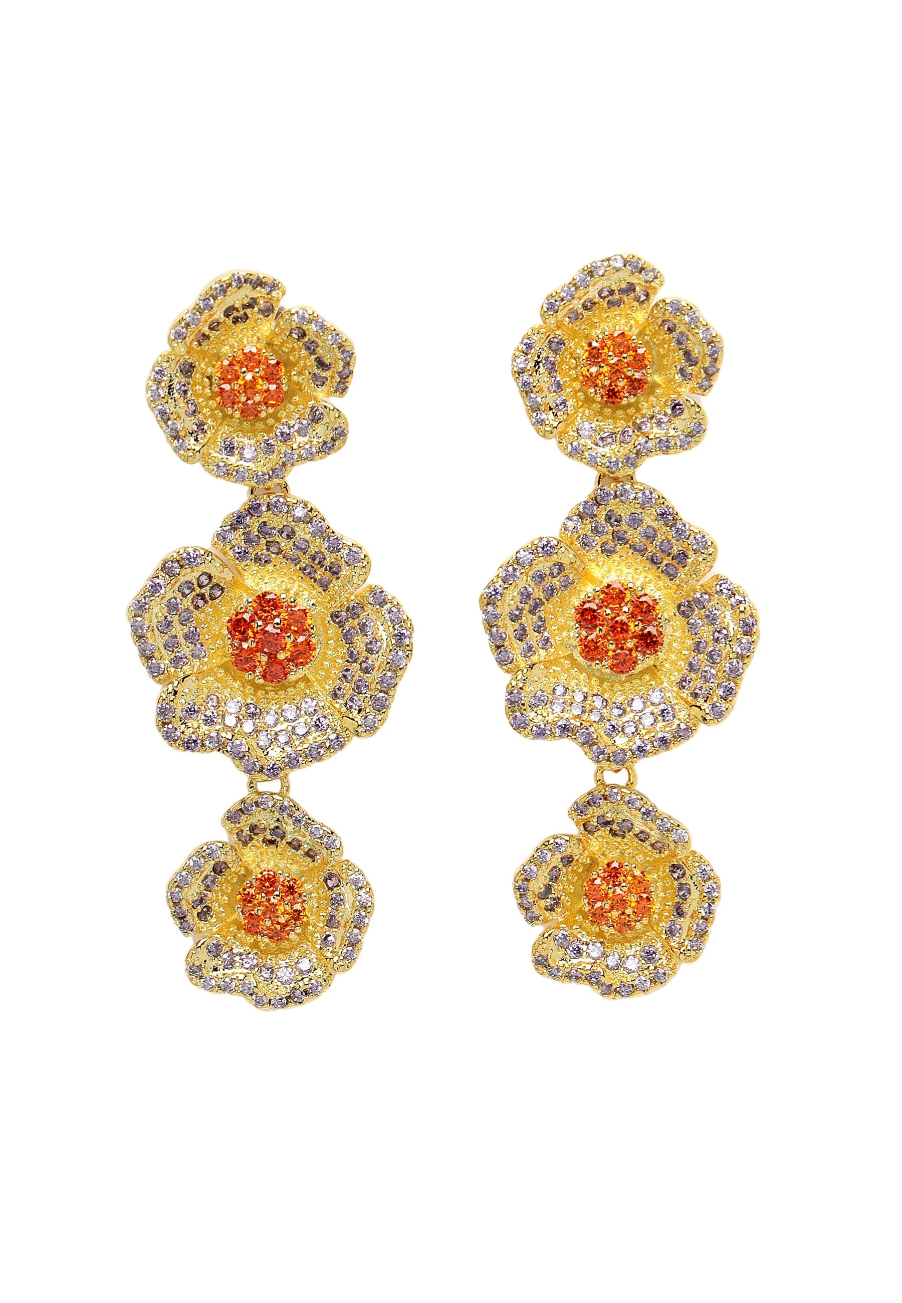 Cubic Zirconia Triple Flower Dangle Earrings