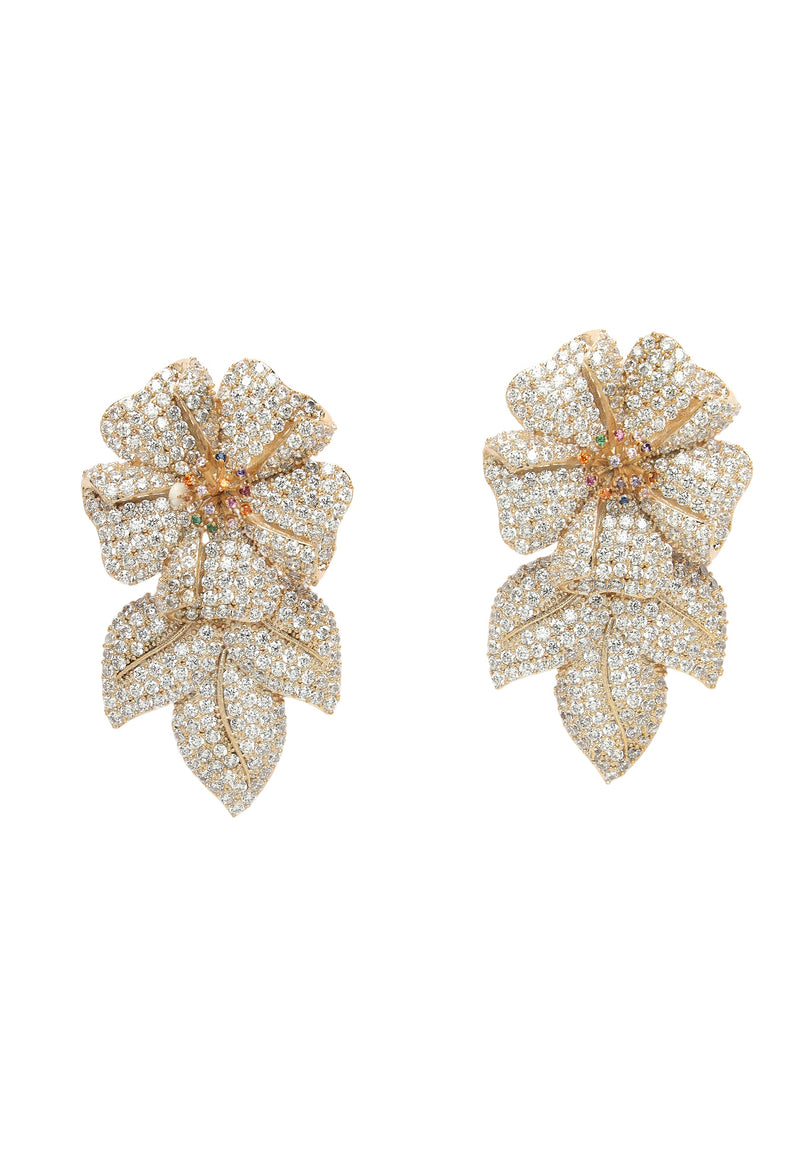 Boucles d'oreilles scintillantes en forme de fleur et de feuille