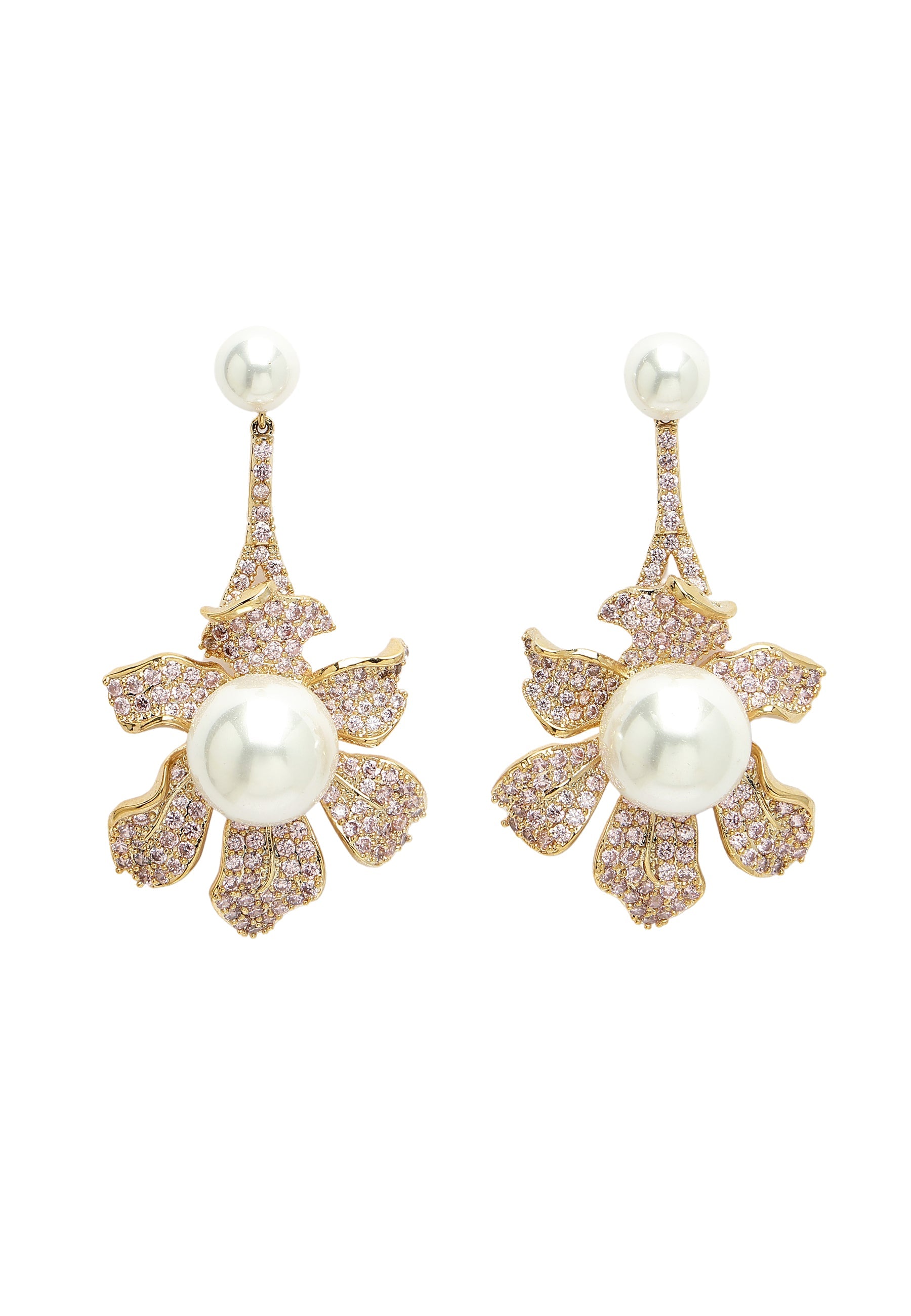 Cubic Zirconia Blooming Pearl Floral Earrings
