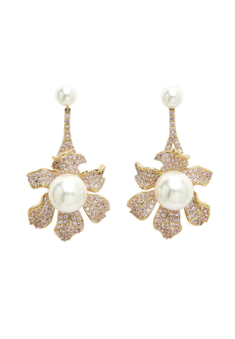 Cubic Zirconia Blooming Pearl Floral Earrings