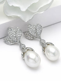 Leaf Pavé Pearl Drop Earrings