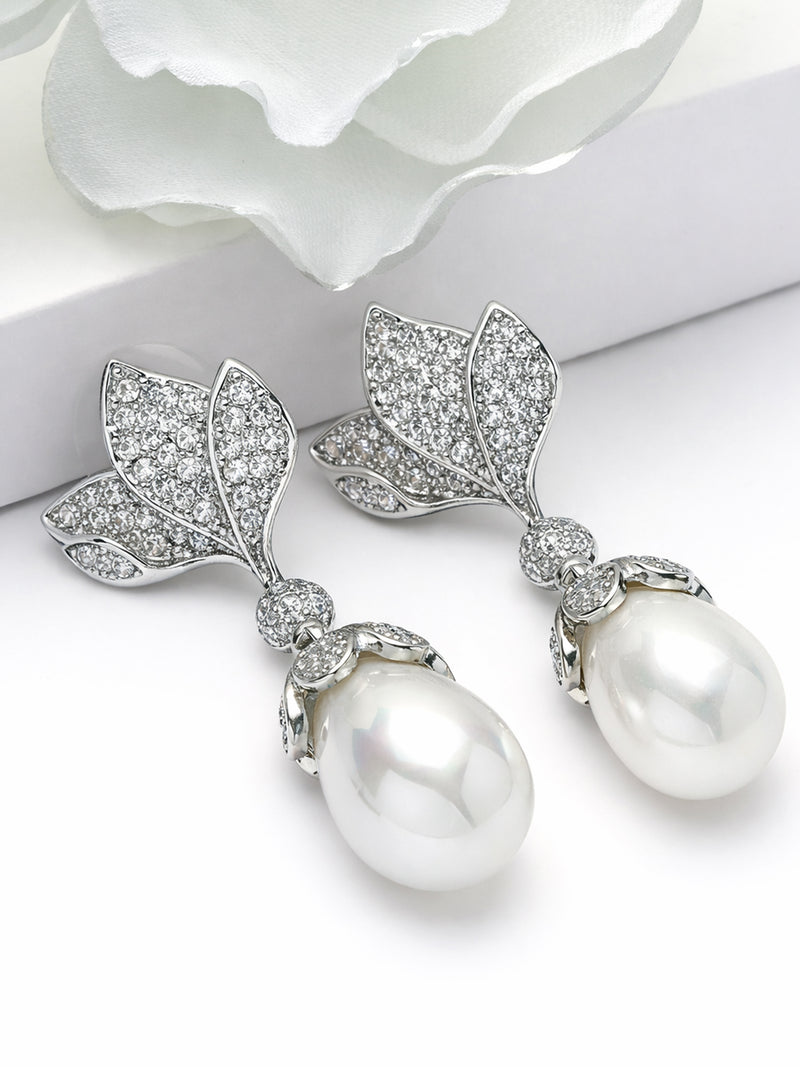 Leaf Pavé Pearl Drop Earrings