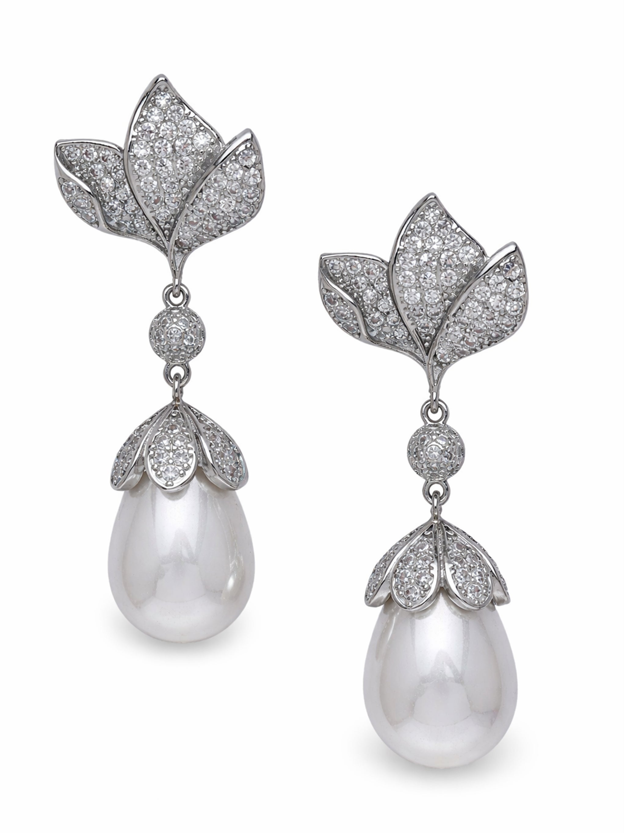 Leaf Pavé Pearl Drop Earrings