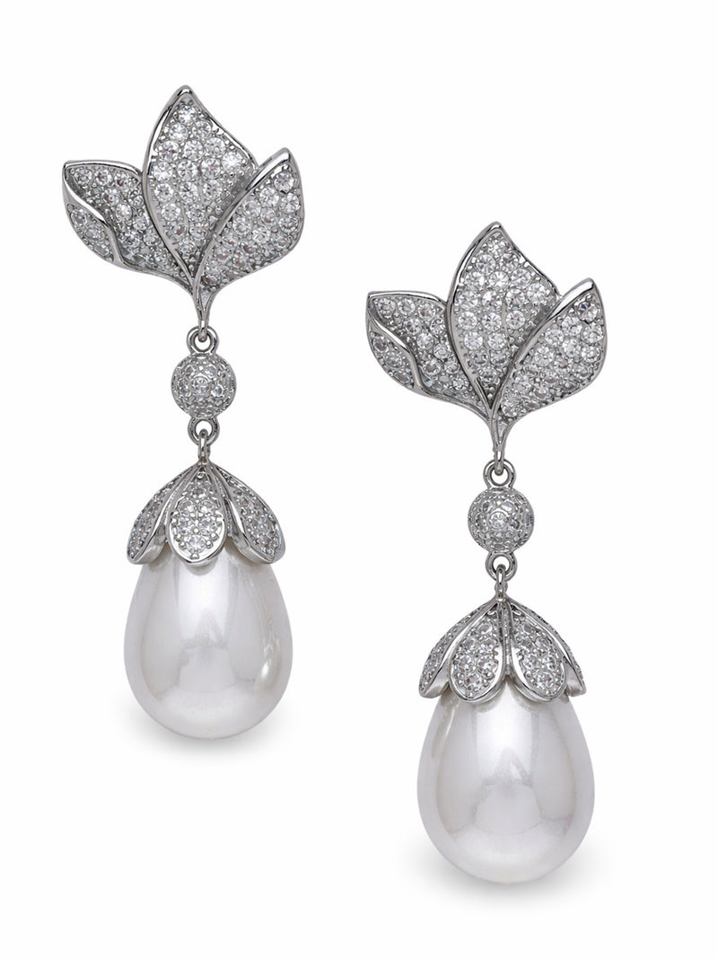 Leaf Pavé Pearl Drop Earrings
