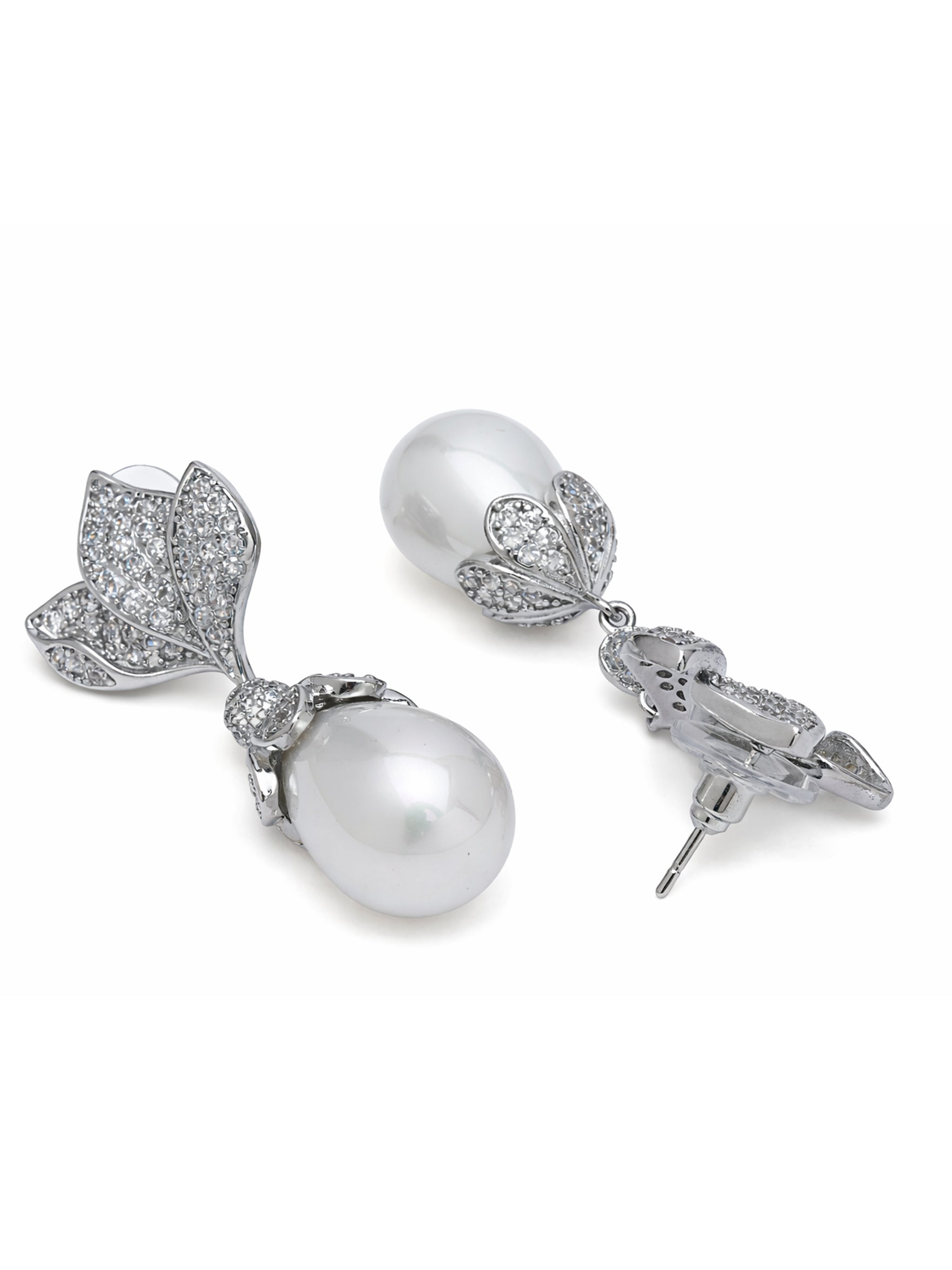Leaf Pavé Pearl Drop Earrings