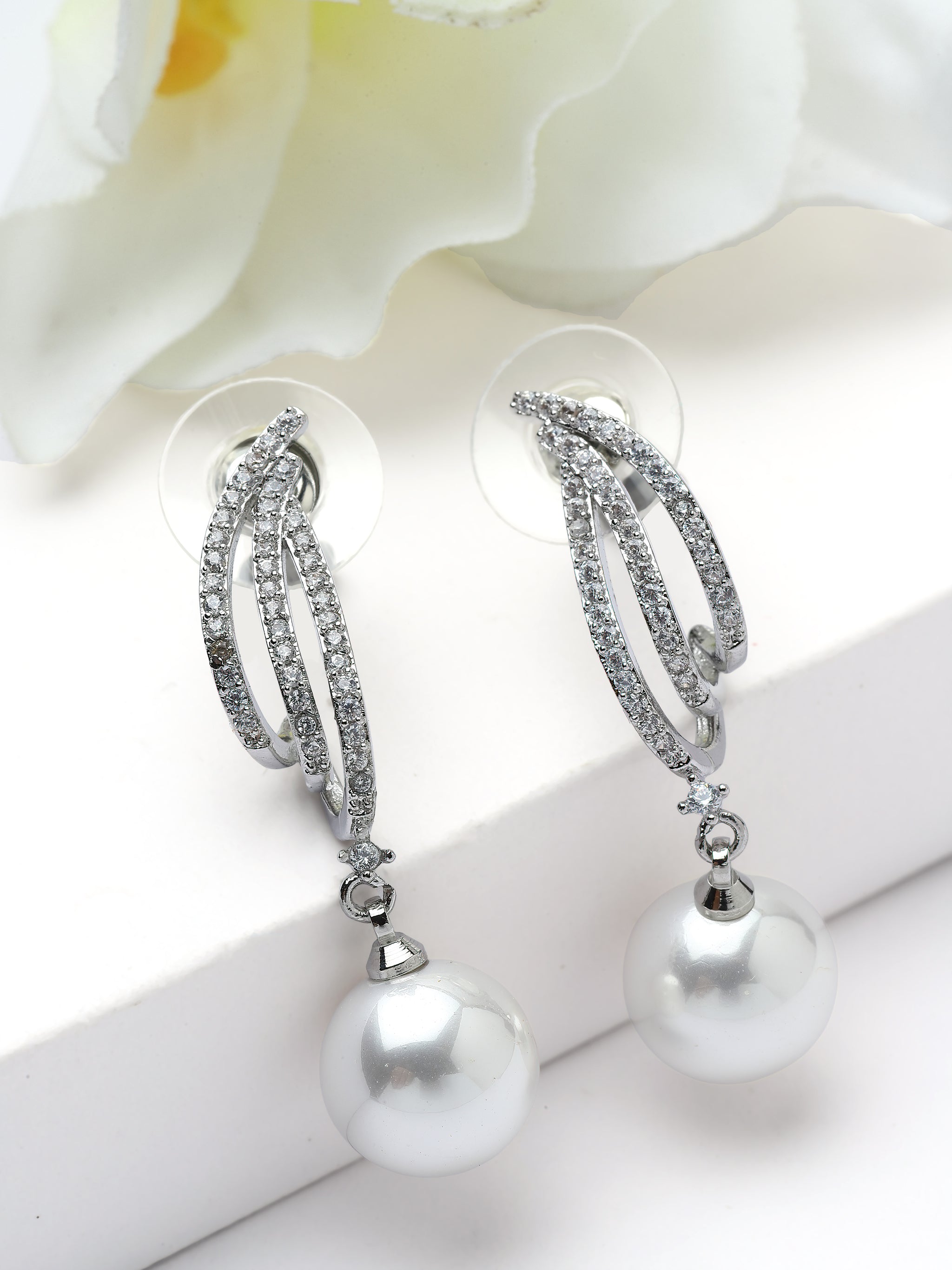 Curved Pavé Pearl Drop Earrings