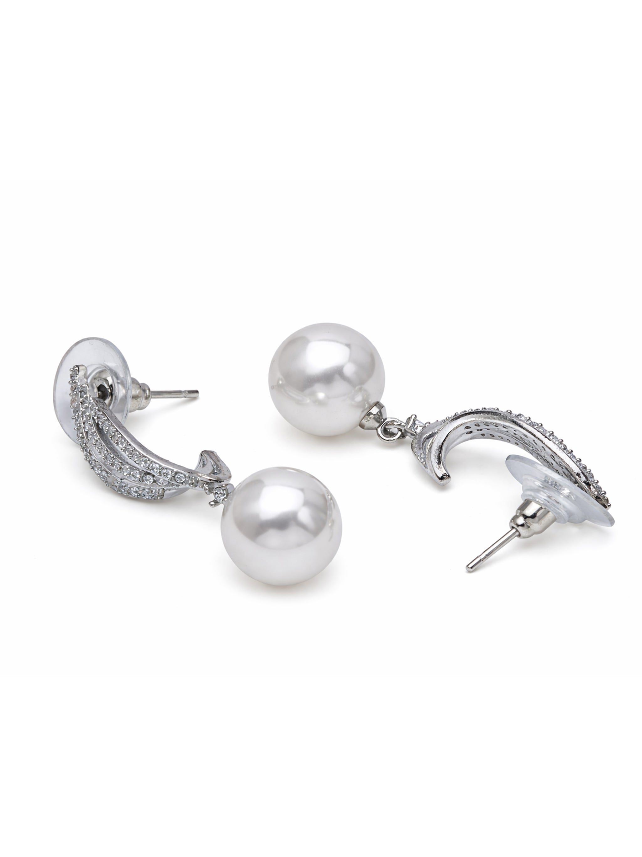 Curved Pavé Pearl Drop Earrings