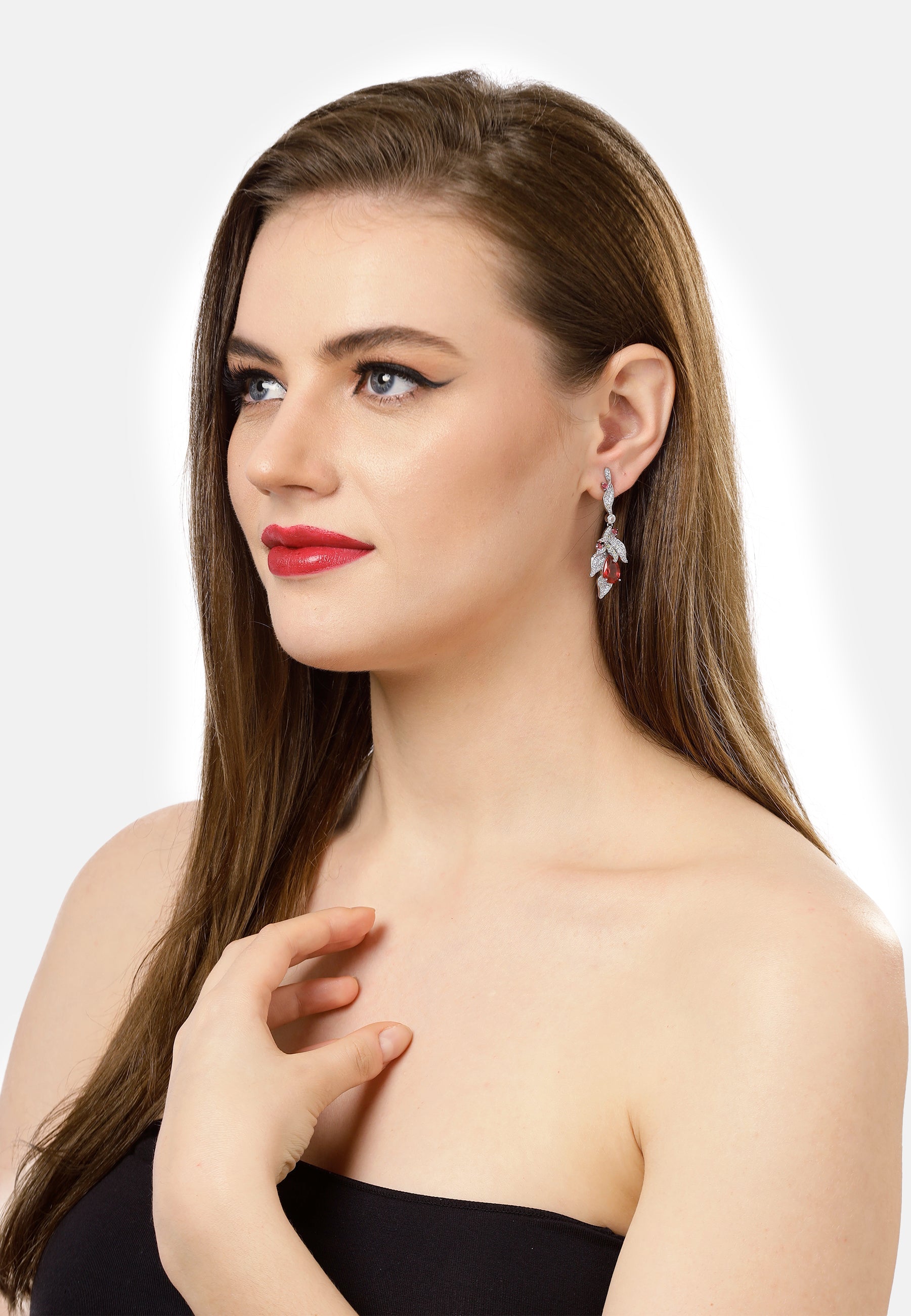 Red Leaf Motif Drop Earrings